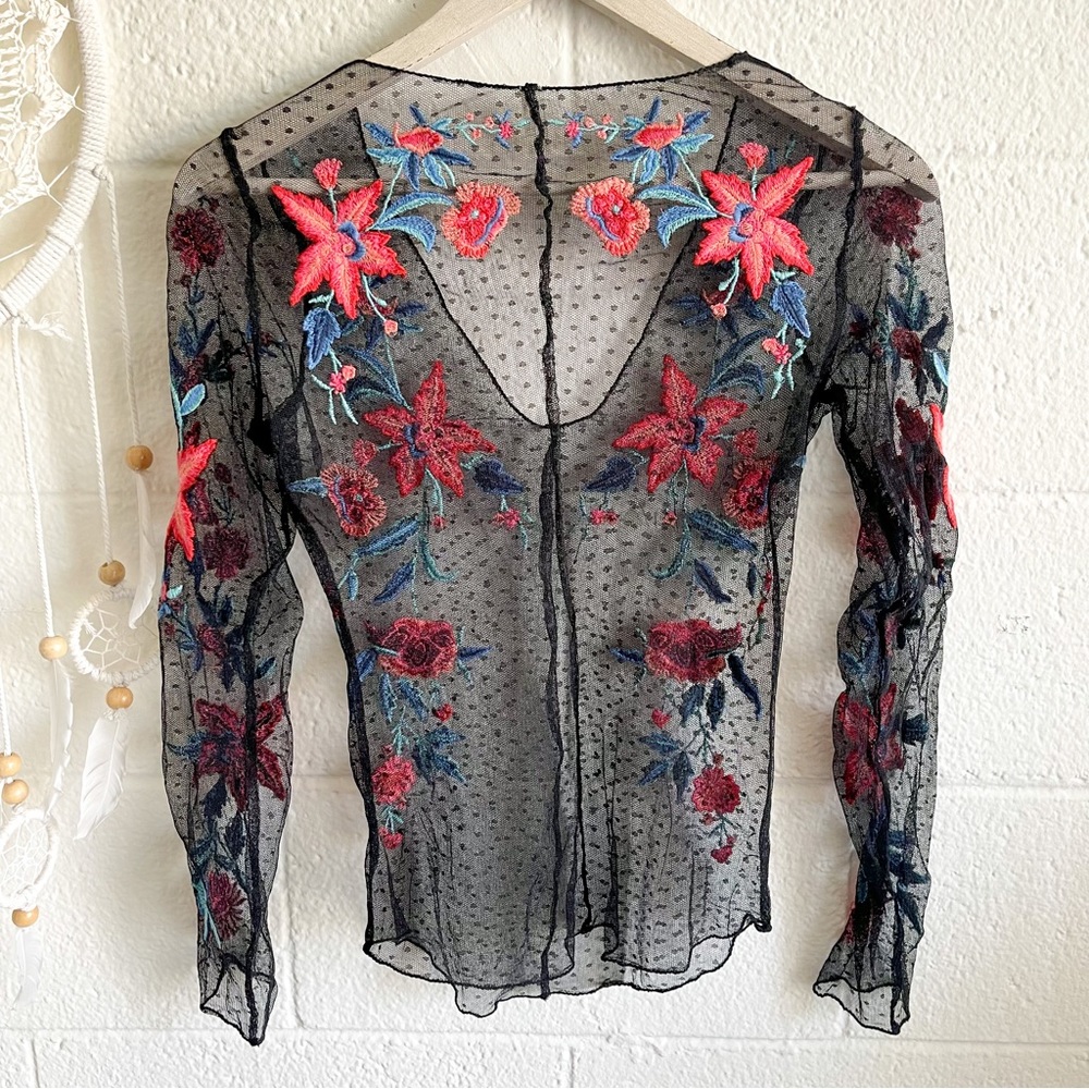 Free People Floral Embroidered Black Sheer Lace Top - Picture 5 of 8